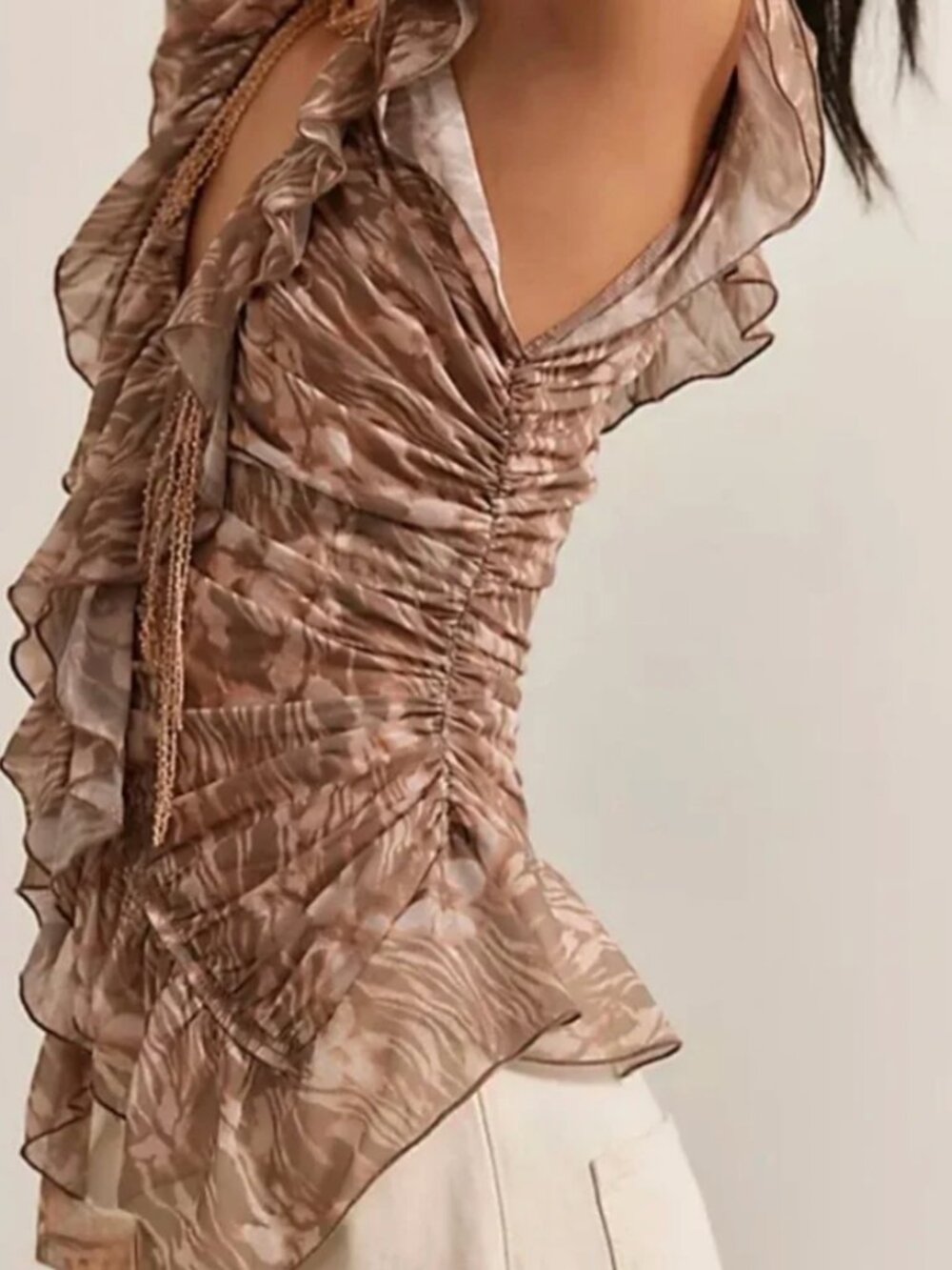 Free People Women's Blythe Printed Ruffled Top In Tan Combo - Size L  NWT